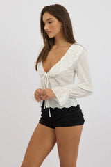 White Eyelet Top Tie Front Long Sleeve Collared
