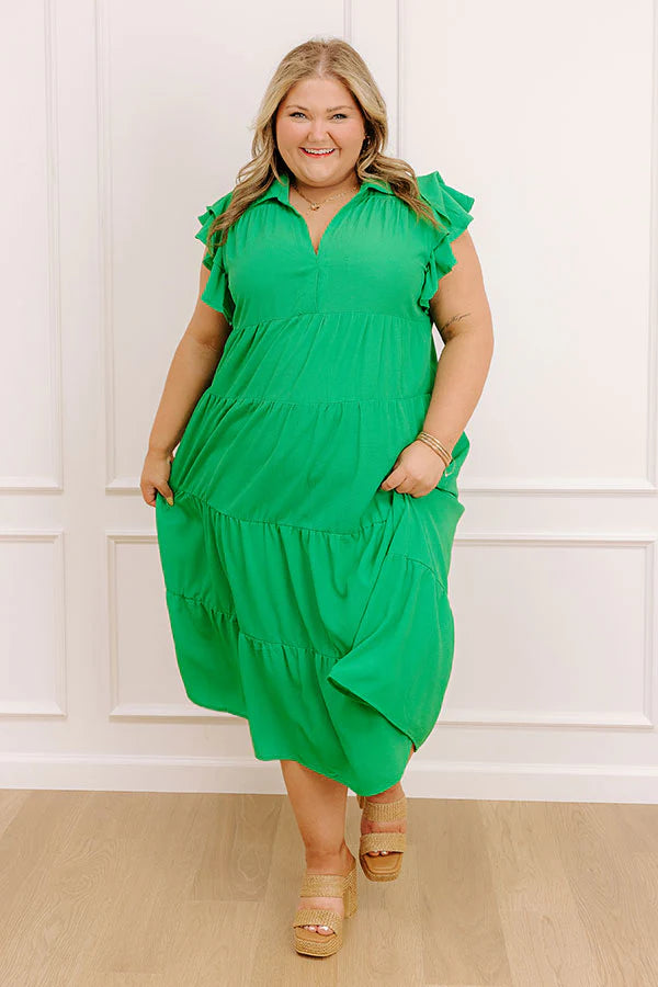 Sunny Spritzer Tiered Midi Dress in Kelly Green Curves