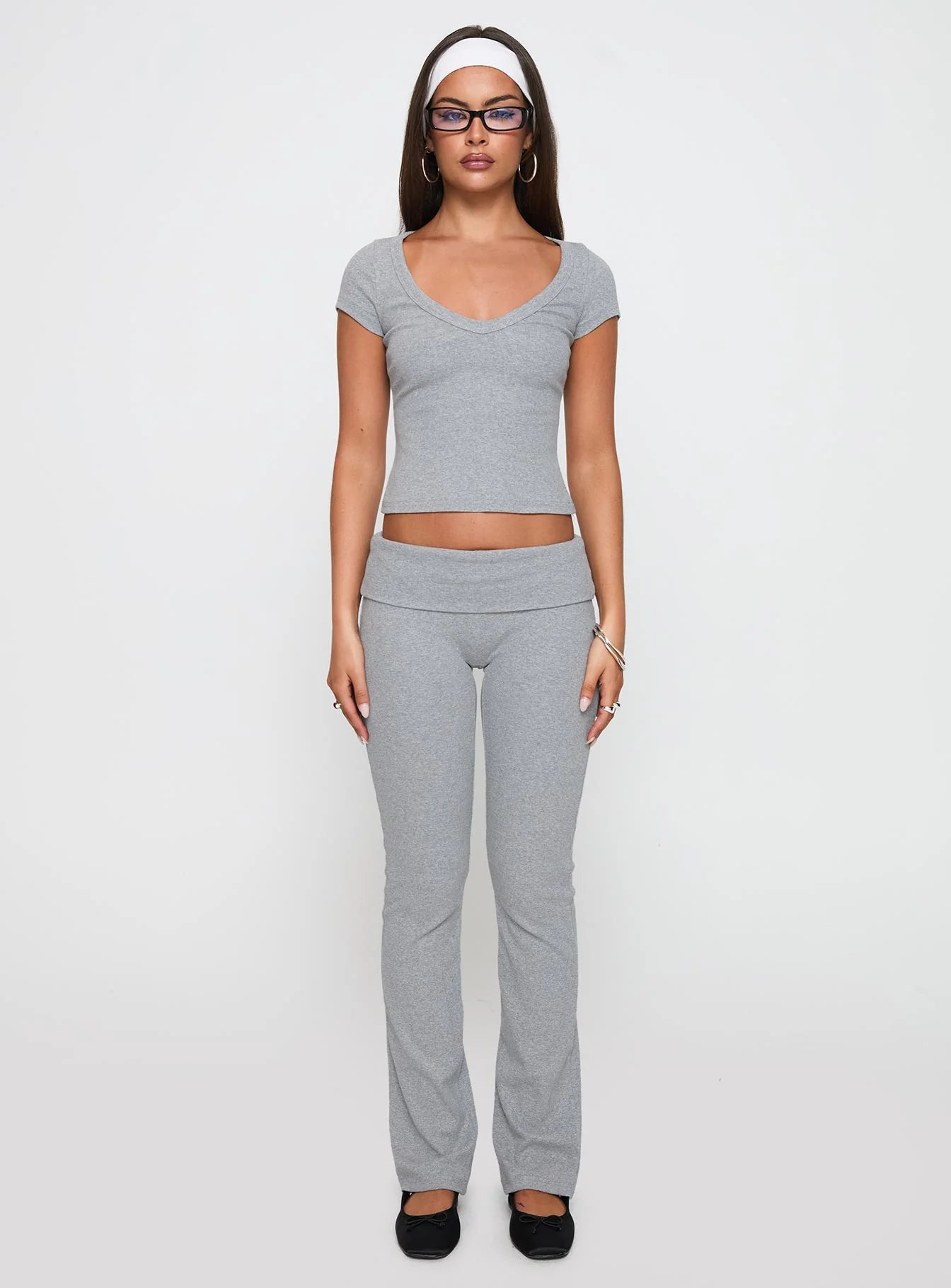 Lovely Day V Neck Top Grey Marle