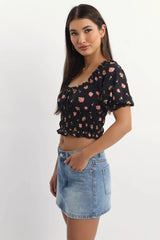 Black Ditsy Shirred Top Short Sleeve Square Neck Frill Details