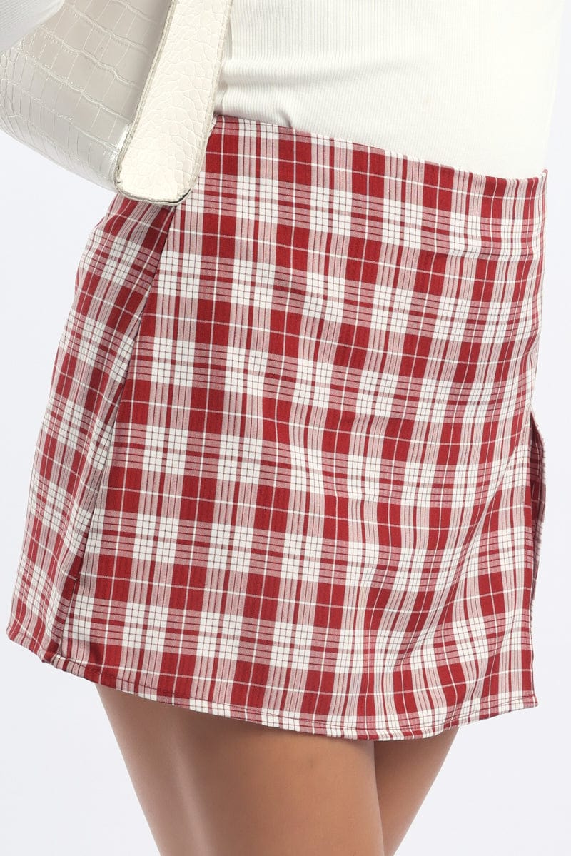 Red Check Mini Skort Skirt Mid Rise Tailored Lined