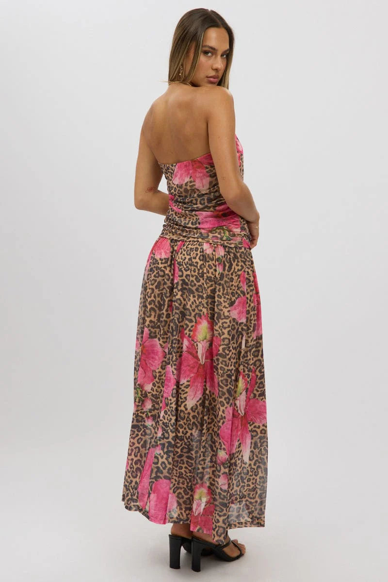 Multi Animal Print Maxi Dress Strapless Drop Waist Mesh