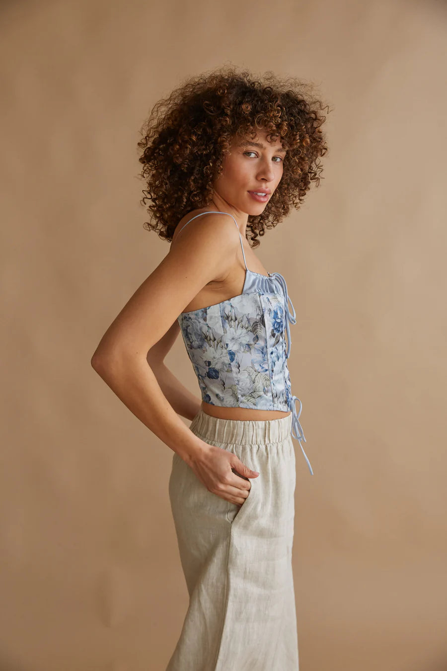 Delphine Lace Up Floral Satin Corset Top