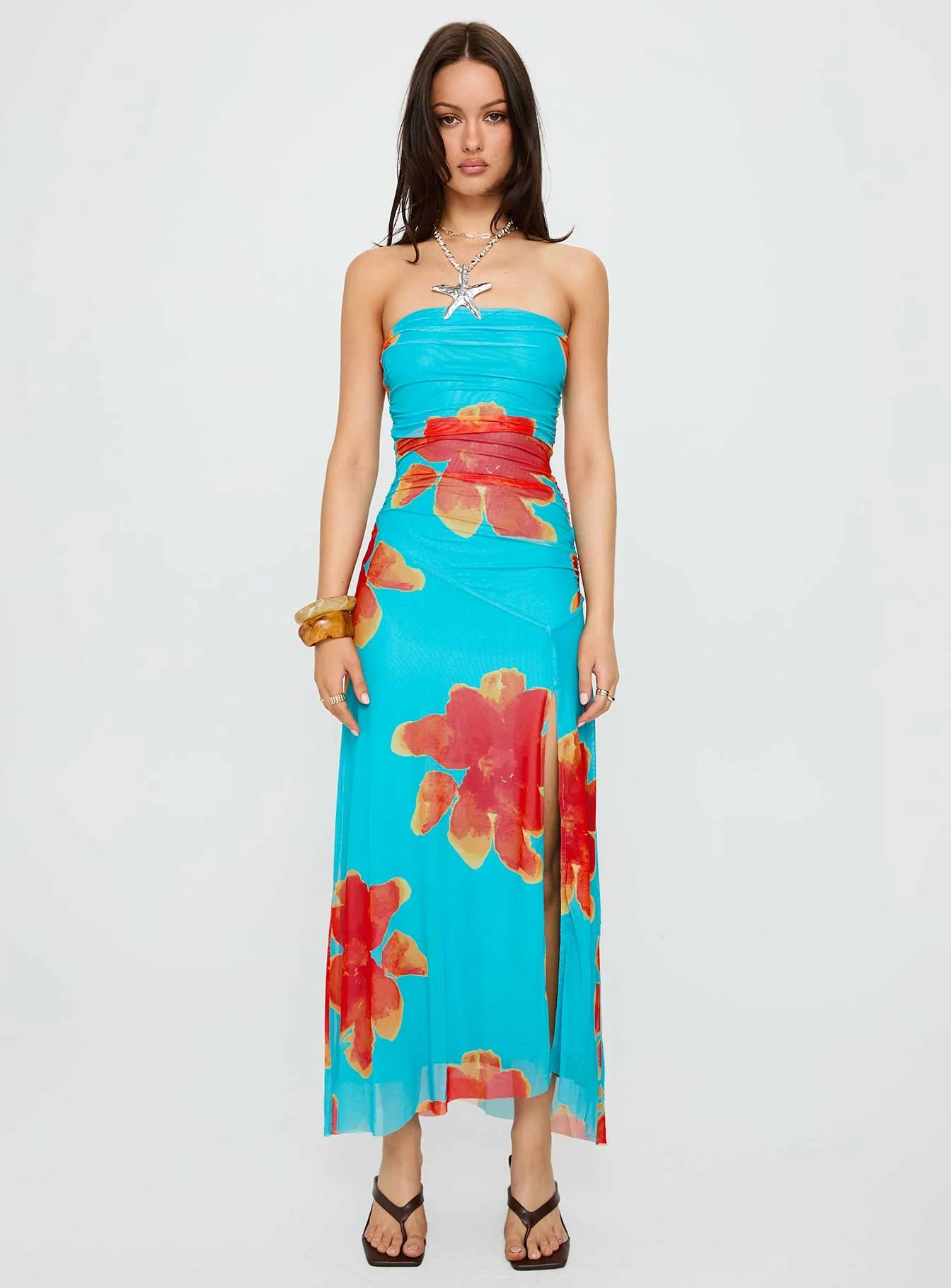 Katara Strapless Maxi Dress Blue / Orange Floral