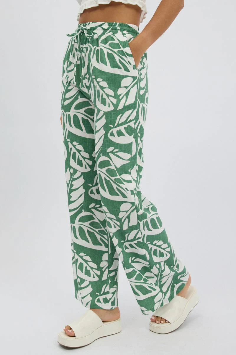 Green Abstract Wide Leg Pants Elasticated Waist