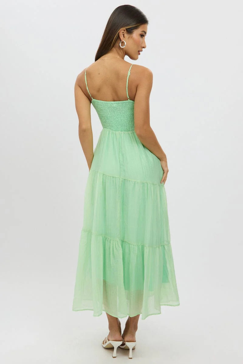 Green Midi Dress Tiered Strappy