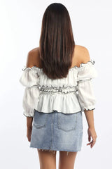 White Off Shoulder Top Mid Sleeve Gathered Detail