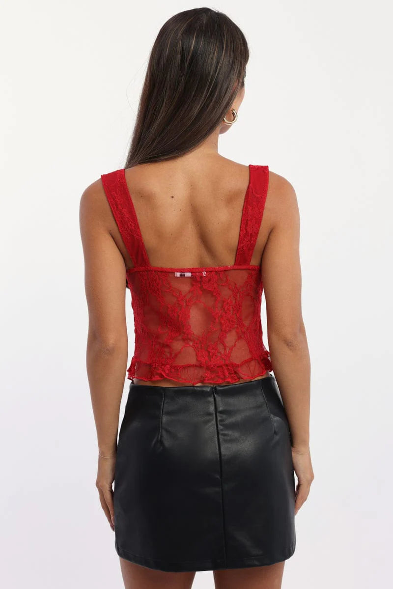 Red V Neckline Top Lace
