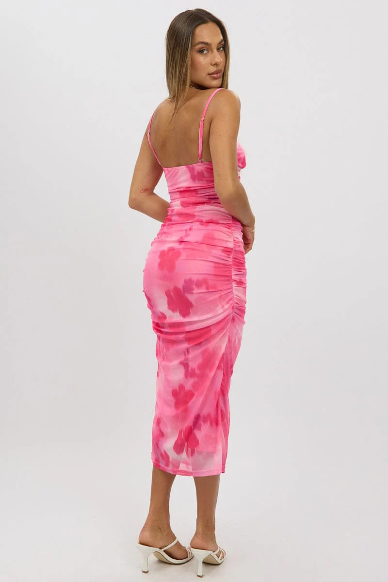 Pink Floral Bodycon Dress Singlet Mesh Midi