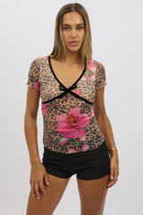 Brown Animal Print V Neck Top Short Sleeve Mesh