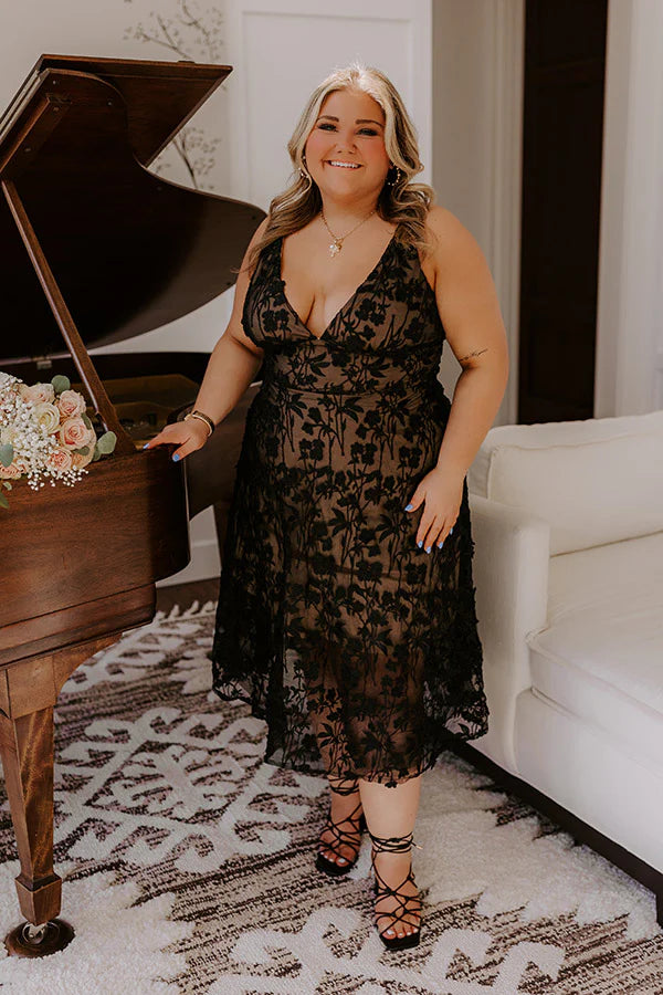 Romantic Moment Embroidered Midi Dress in Black Curves