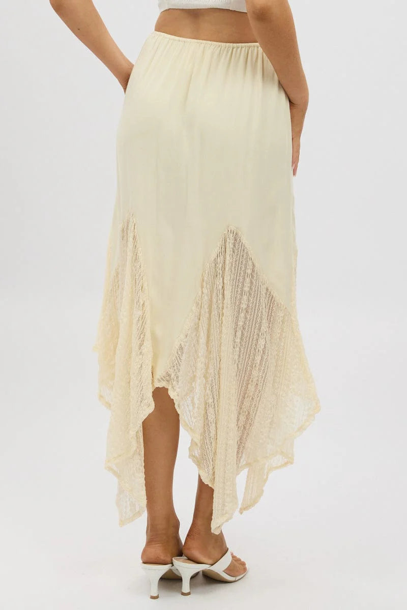 White Lace Elastic Waist Scarf Hem Maxi Skirt