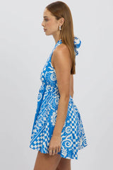 Blue Abstract Playsuit Halter Neck