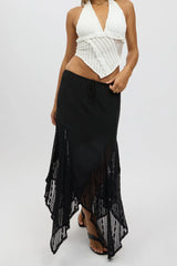 Black Lace Elastic Waist Scarf Hem Maxi Skirt
