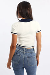 White Knit Top Short Sleeve Collared
