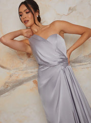 One Shoulder Satin Finish Maxi Dress in Blue