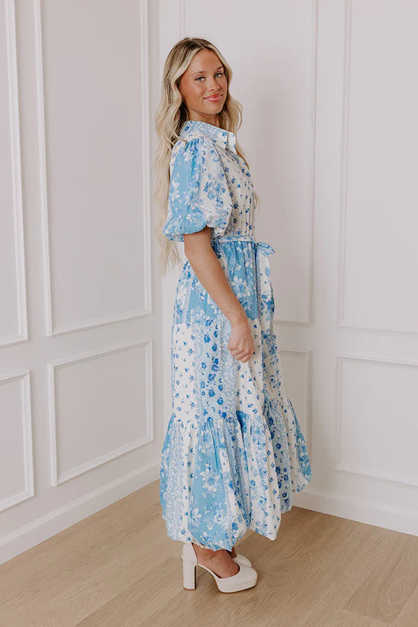 Love-Struck Floral Midi Dress in Sky Blue