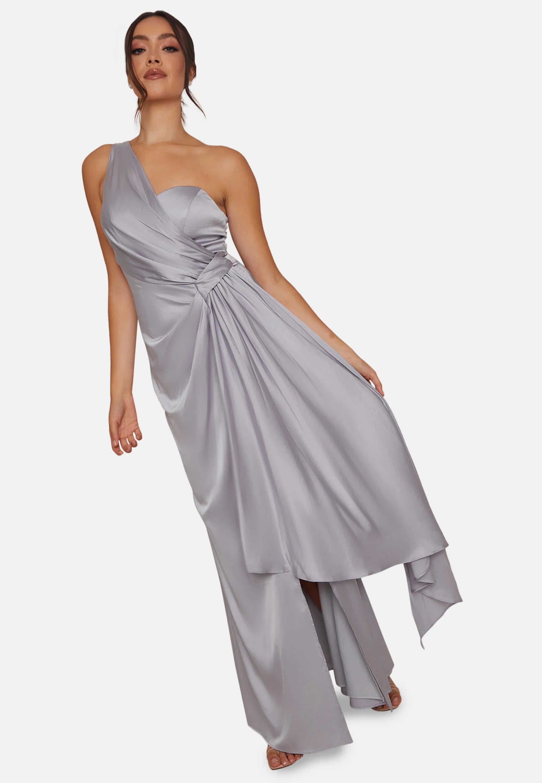 One Shoulder Satin Finish Maxi Dress in Blue