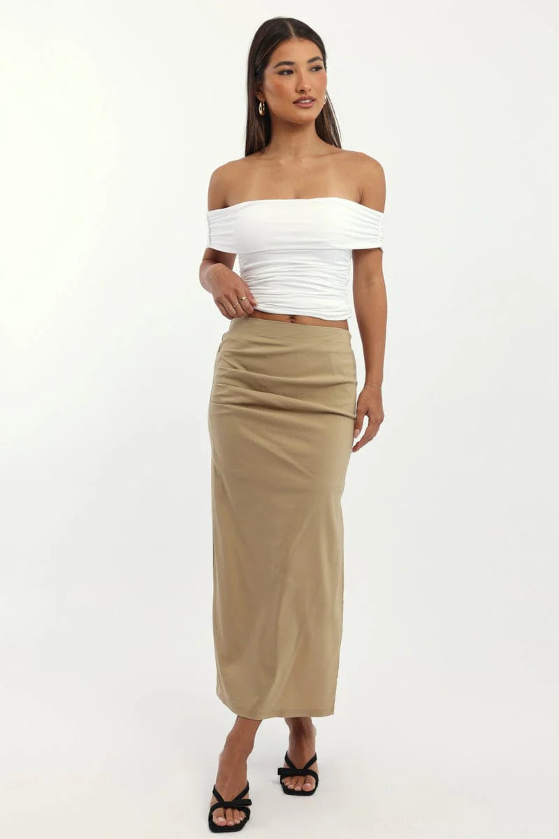 Beige Gathered Midi Skirt High Rise Bengaline Split