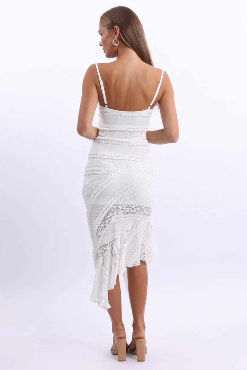 White Midi Dress Asymmetric Hem Lace