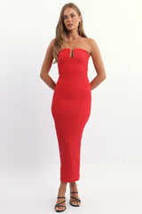 Red Bodycon Dress Boob Tube Textured Midi