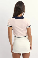 Pink Knit Top Short Sleeve Collared