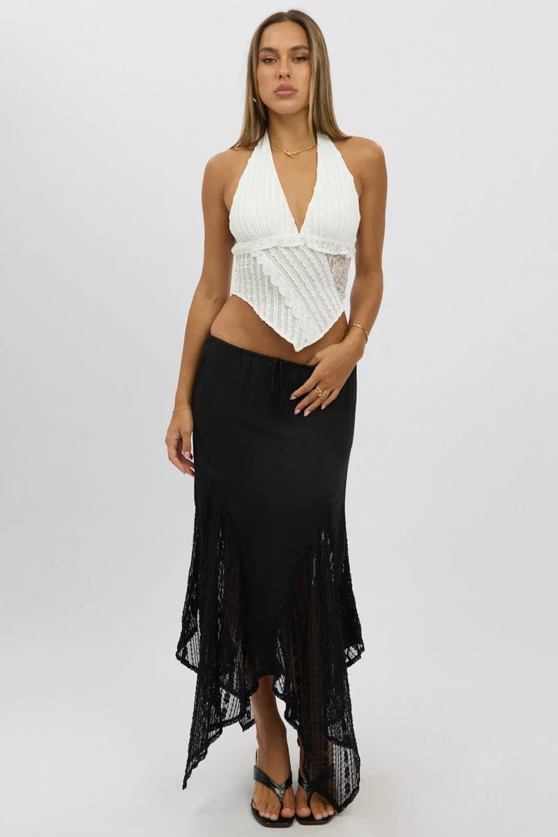 Black Lace Elastic Waist Scarf Hem Maxi Skirt