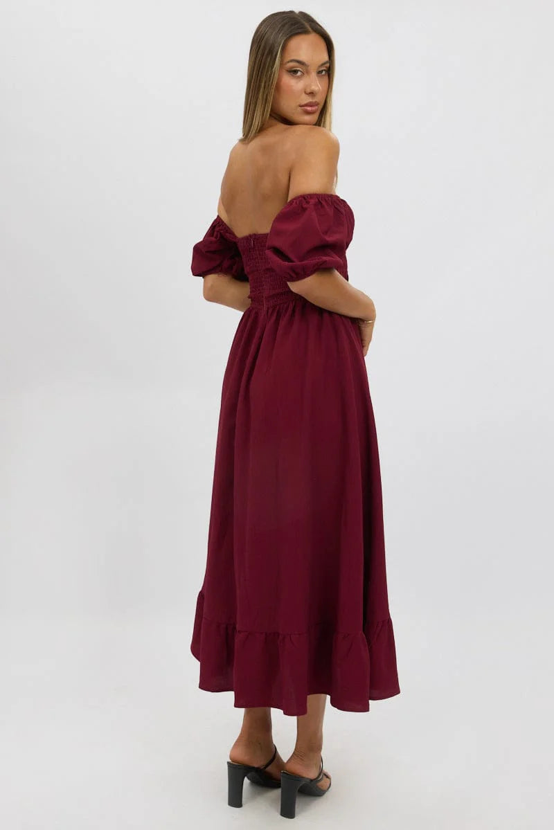Red Midi Dress Short Sleeve Ruched Bust