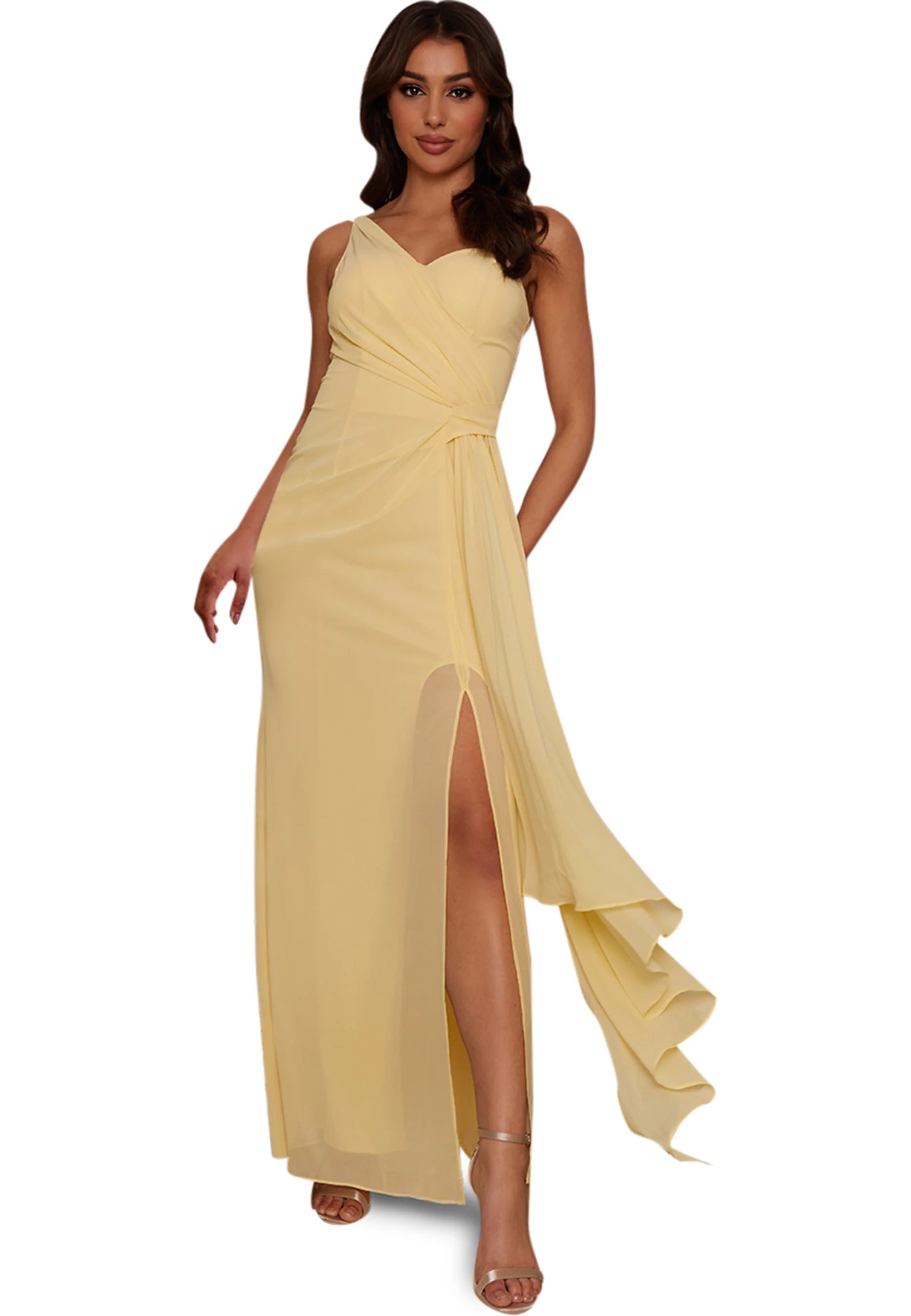 One Shoulder Satin Finish Maxi Dress in Yellow