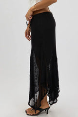 Black Lace Elastic Waist Scarf Hem Maxi Skirt