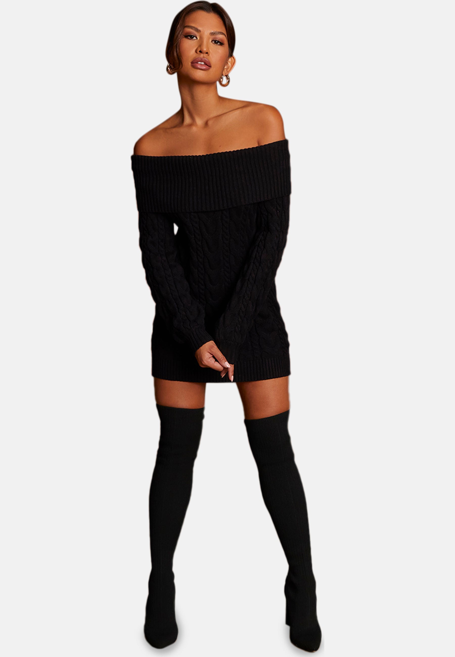 Off-Shoulder Cable Knit Jumper Dress in Black