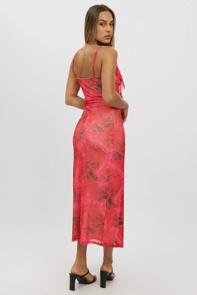 Red Floral Bodycon Dress Ruffle Mesh