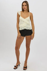 White Cami Top Sleeveless Crossover Ruffled Details