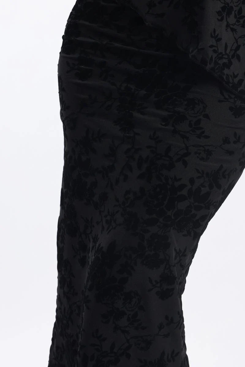 Black Floral Burnout Skirt Elasticated Picot Trim Midaxi