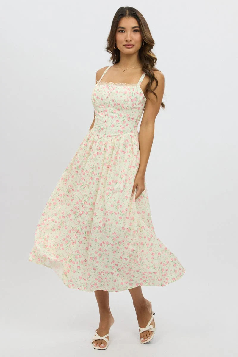 White Ditsy Midi Dress Lace Trim