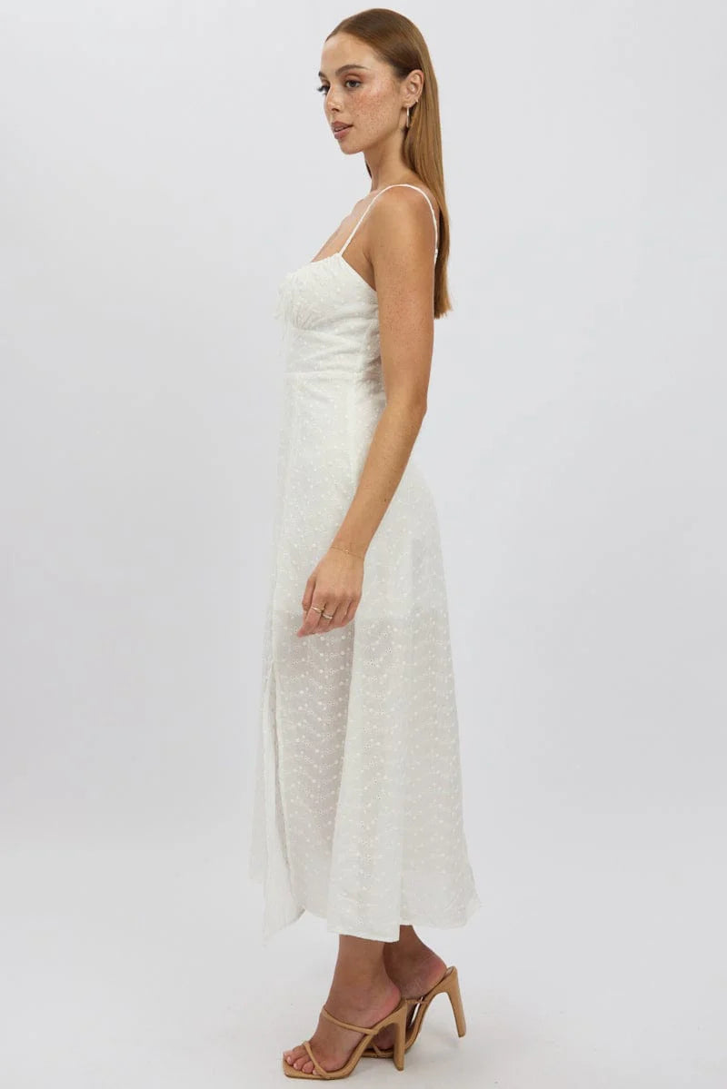White Midi Dress Gathered Bust Eyelet Fabric