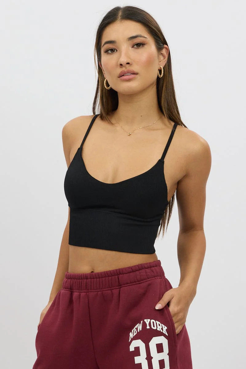 Black V Neck Cami Crop Top Seamless