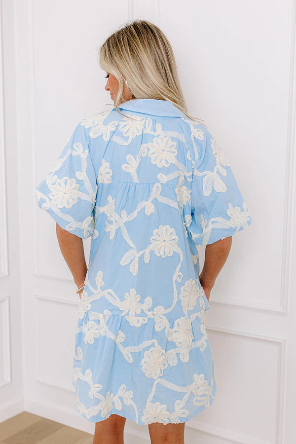 Floral Statement Embroidered Mini Dress in Sky Blue