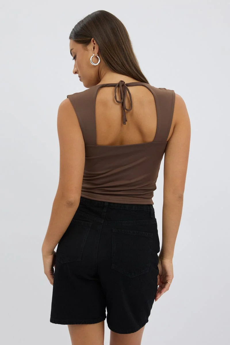 Brown Top Sleeveless Sweetheart Neck Supersoft