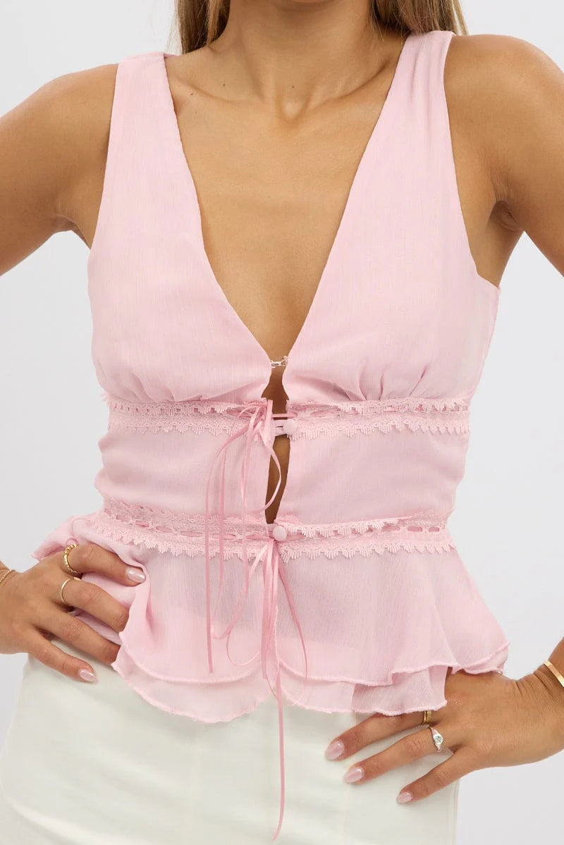 Pink Tie Front Top Sleeveless Chiffon