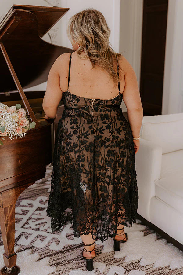 Romantic Moment Embroidered Midi Dress in Black Curves