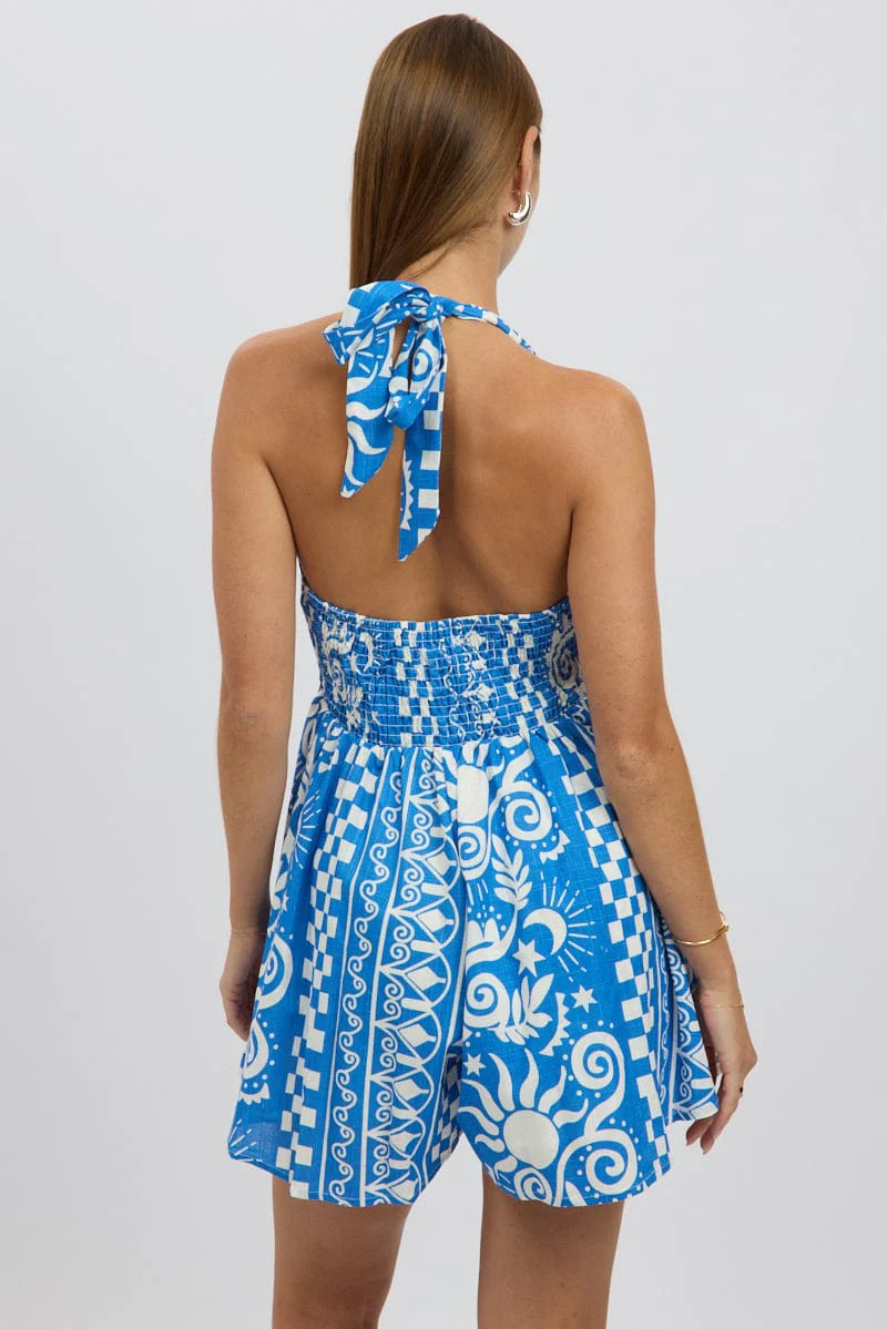 Blue Abstract Playsuit Halter Neck