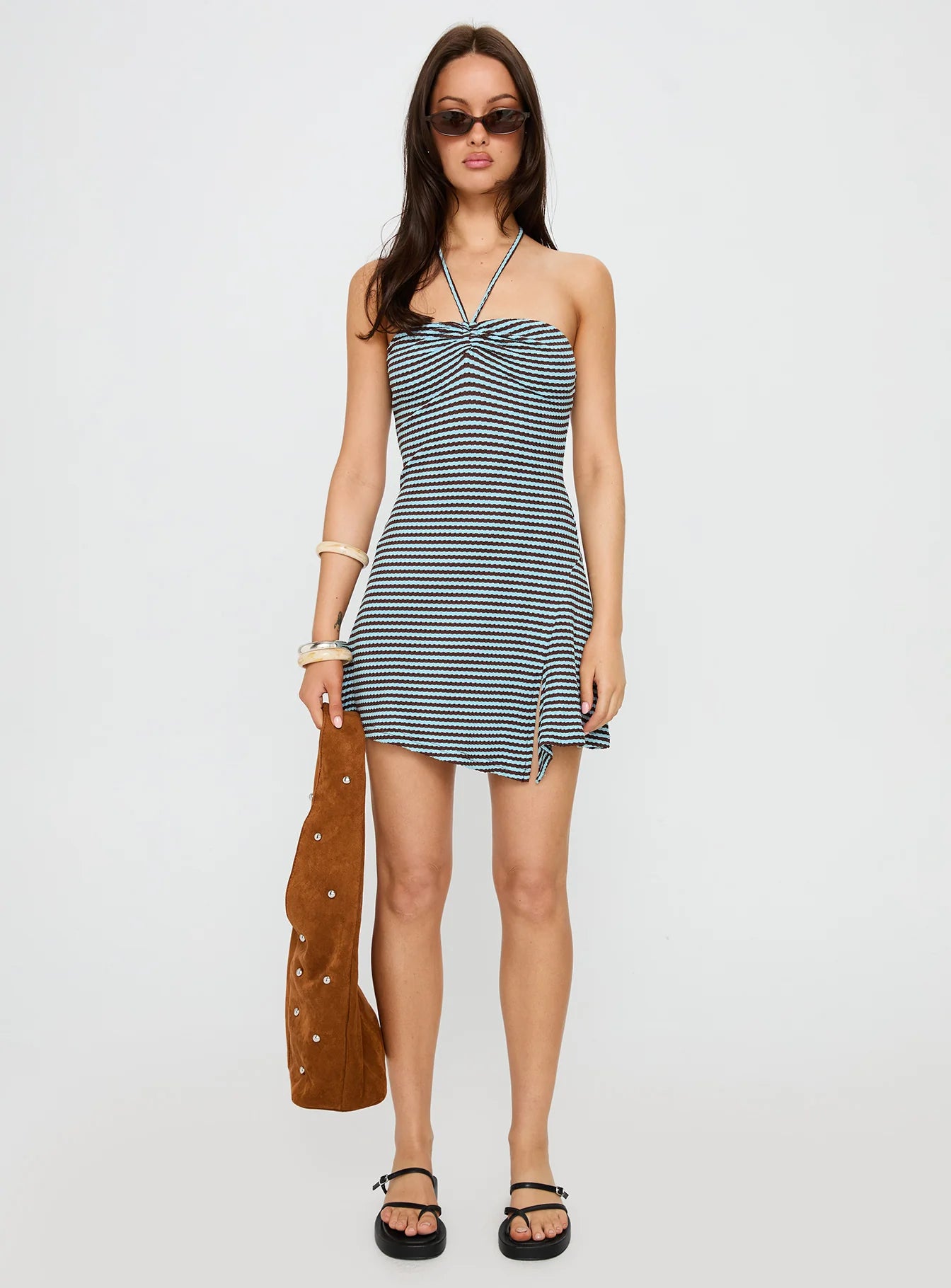 Knoxi Halter Jersey Mini Dress Blue / Brown Stripe