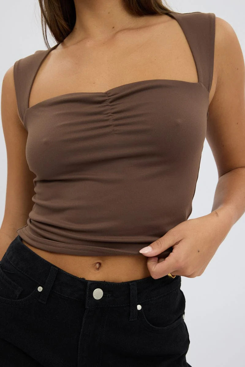 Brown Top Sleeveless Sweetheart Neck Supersoft