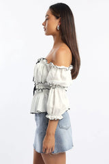 White Off Shoulder Top Mid Sleeve Gathered Detail