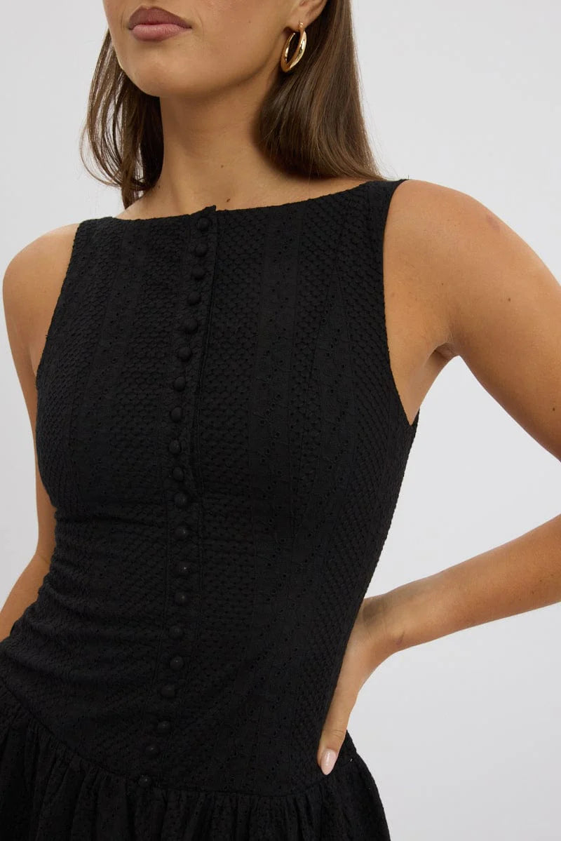 Black Midi Dress Drop Waist Lace Fabric