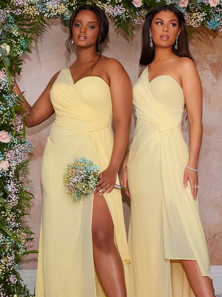 One Shoulder Satin Finish Maxi Dress in Yellow