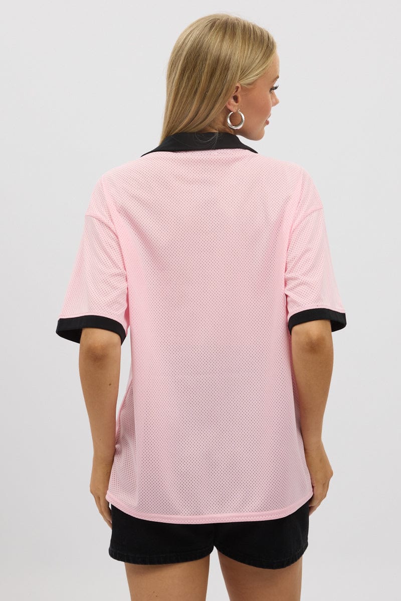 Pink Sport Tee Collar Short Sleeve