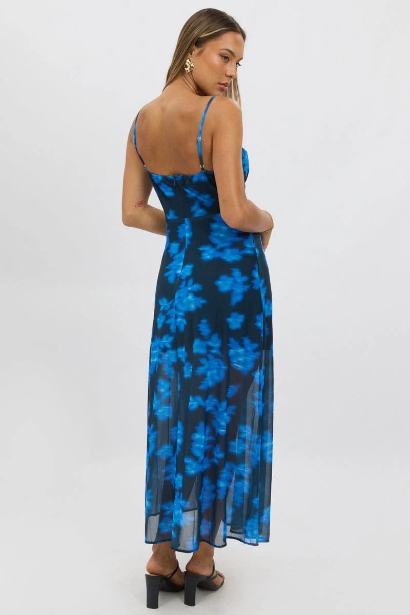 Blue Abstract Midi Dress Gathered Bust