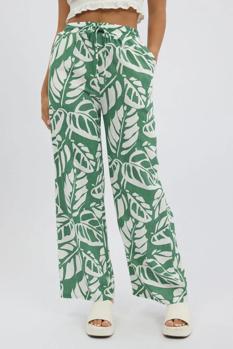 Green Abstract Wide Leg Pants Elasticated Waist